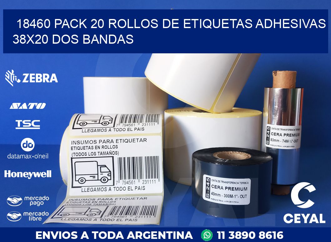 18460 PACK 20 ROLLOS DE ETIQUETAS ADHESIVAS 38X20 DOS BANDAS