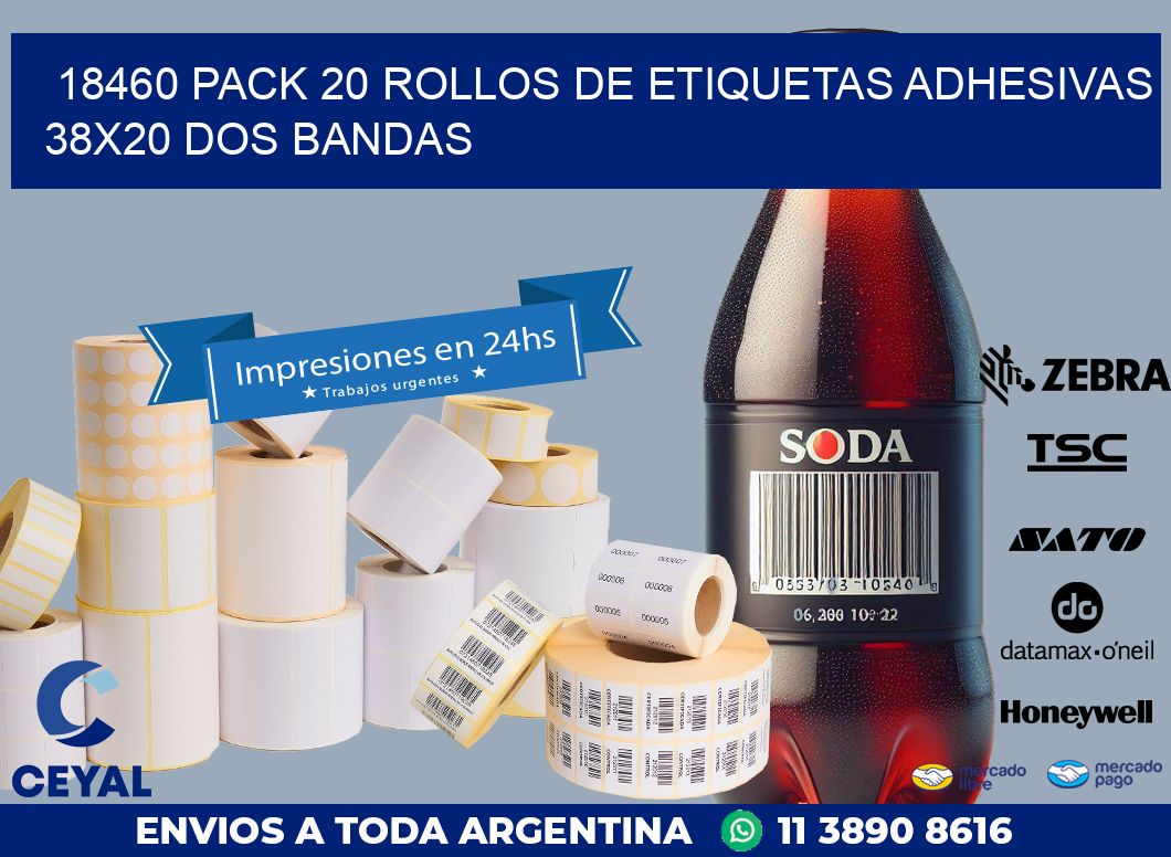 18460 PACK 20 ROLLOS DE ETIQUETAS ADHESIVAS 38X20 DOS BANDAS