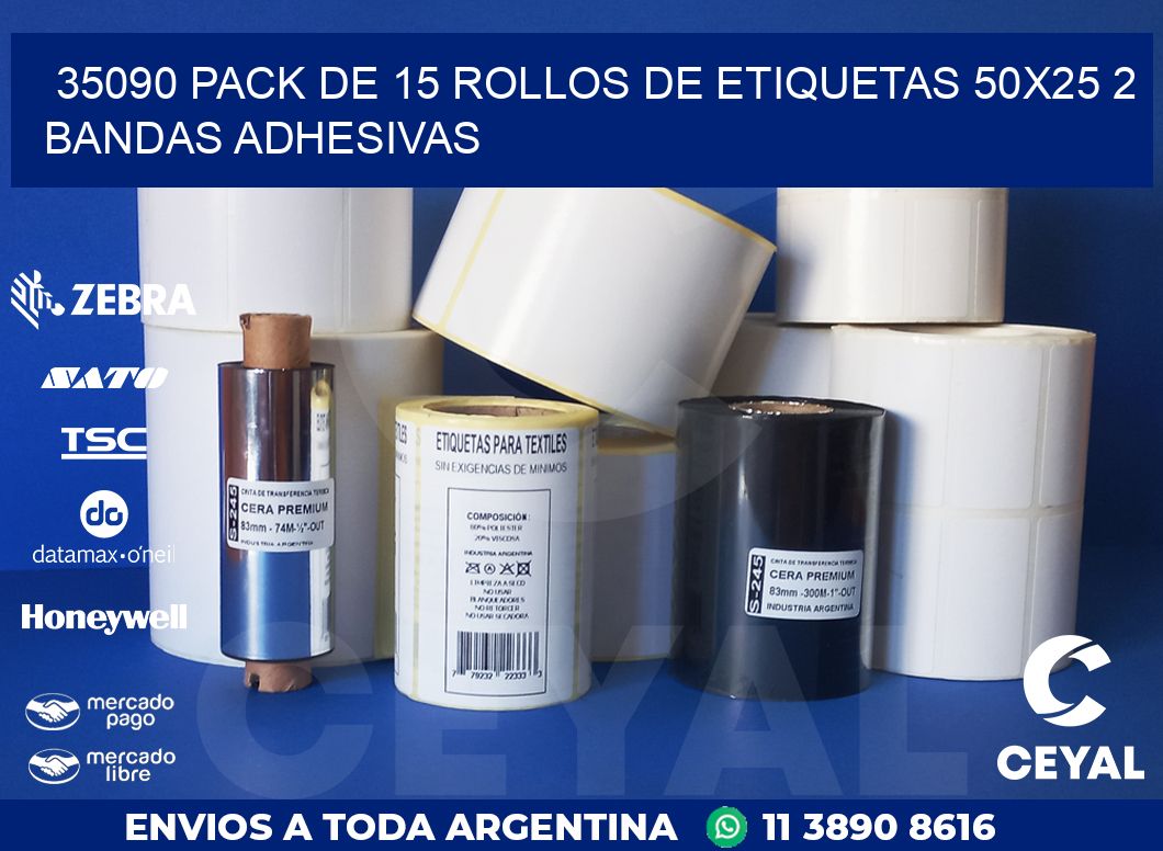 35090 PACK DE 15 ROLLOS DE ETIQUETAS 50X25 2 BANDAS ADHESIVAS