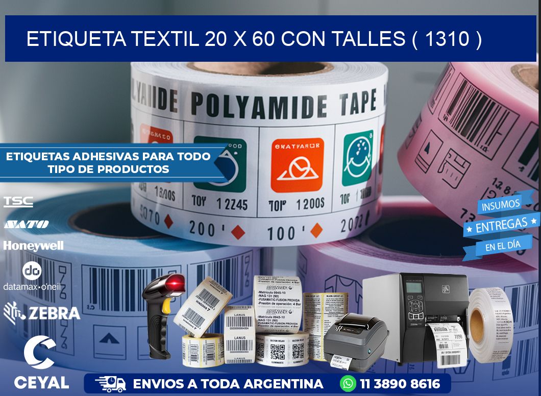 ETIQUETA TEXTIL 20 X 60 CON TALLES ( 1310 )