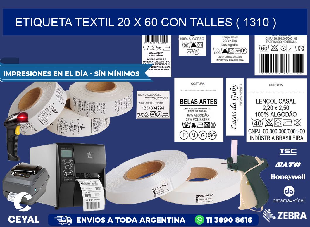 ETIQUETA TEXTIL 20 X 60 CON TALLES ( 1310 )