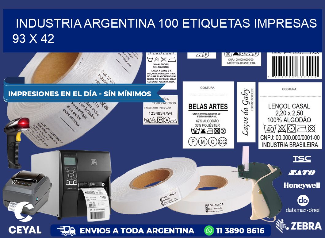 INDUSTRIA ARGENTINA 100 ETIQUETAS IMPRESAS  93 x 42