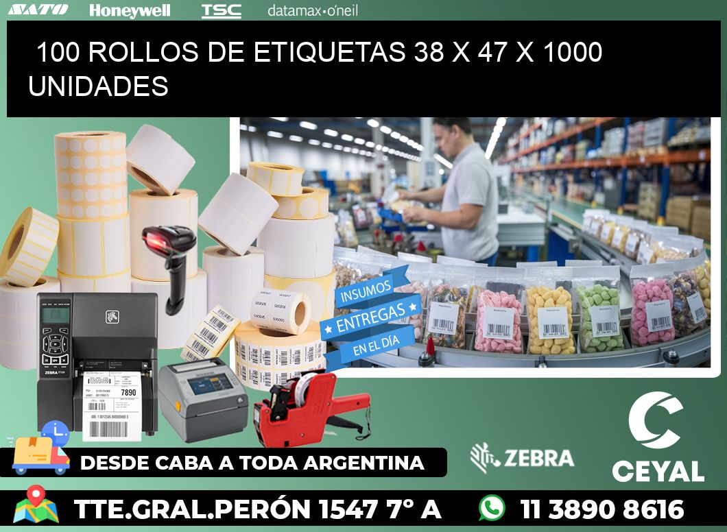 100 ROLLOS DE ETIQUETAS 38 x 47 X 1000 UNIDADES