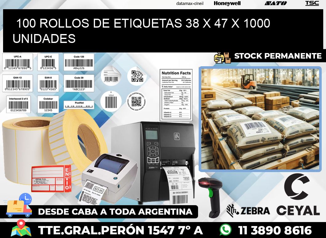 100 ROLLOS DE ETIQUETAS 38 x 47 X 1000 UNIDADES