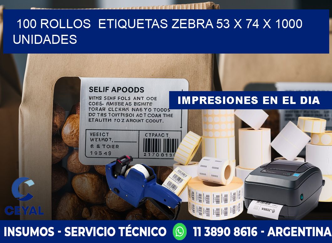 100 ROLLOS  ETIQUETAS ZEBRA 53 x 74 X 1000 UNIDADES