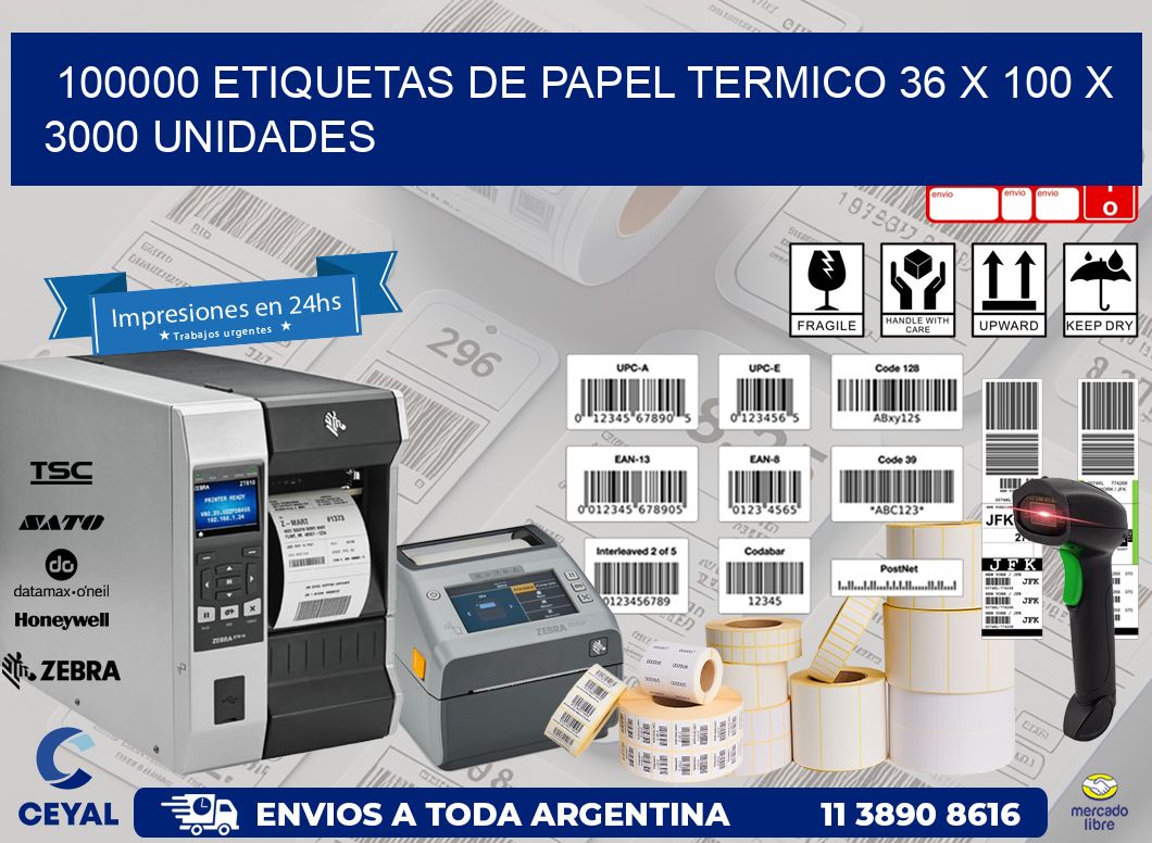 100000 ETIQUETAS DE PAPEL TERMICO 36 x 100 X 3000 UNIDADES