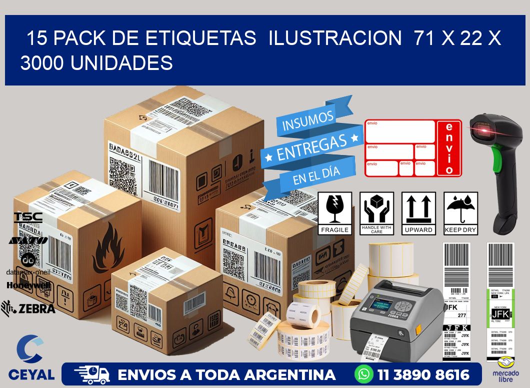 15 PACK DE ETIQUETAS  ILUSTRACION  71 x 22 X 3000 UNIDADES