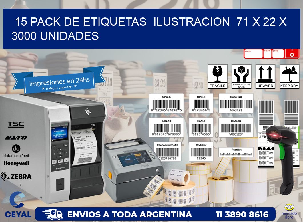 15 PACK DE ETIQUETAS  ILUSTRACION  71 x 22 X 3000 UNIDADES