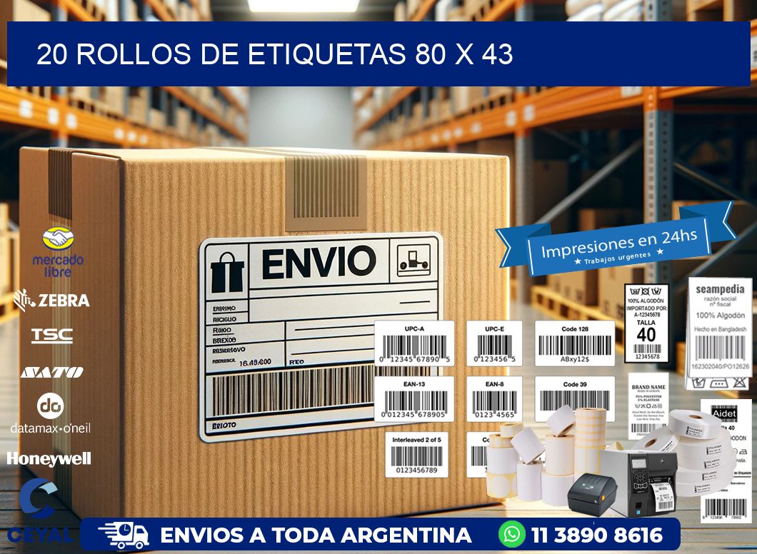 20 ROLLOS DE ETIQUETAS 80 x 43