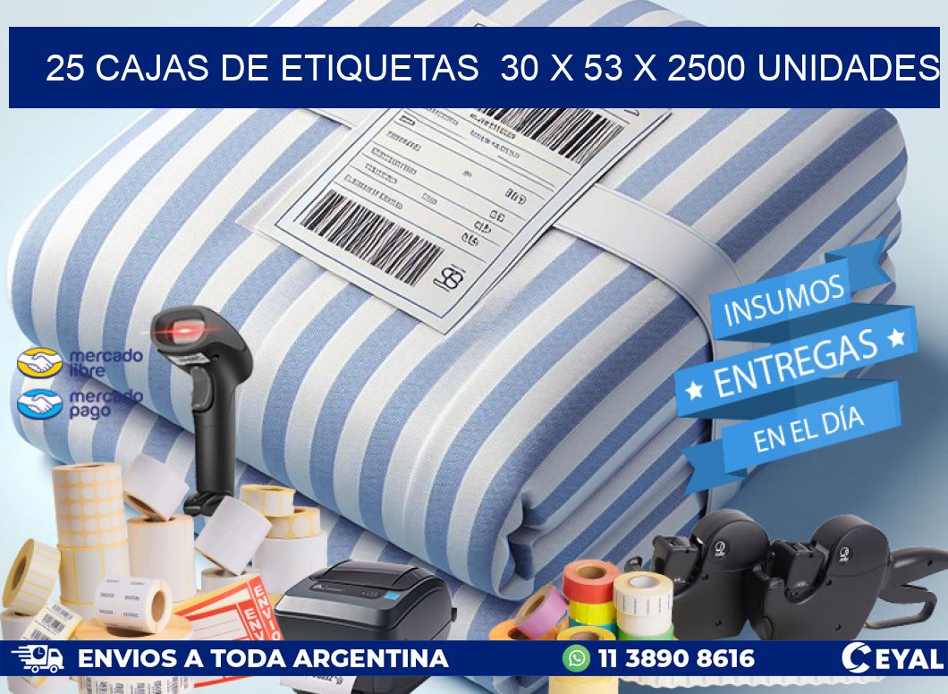 25 CAJAS DE ETIQUETAS  30 x 53 X 2500 UNIDADES