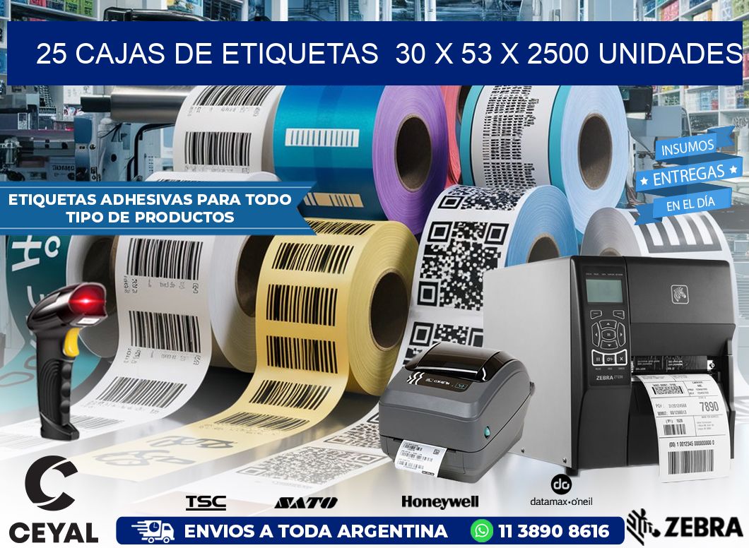 25 CAJAS DE ETIQUETAS  30 x 53 X 2500 UNIDADES