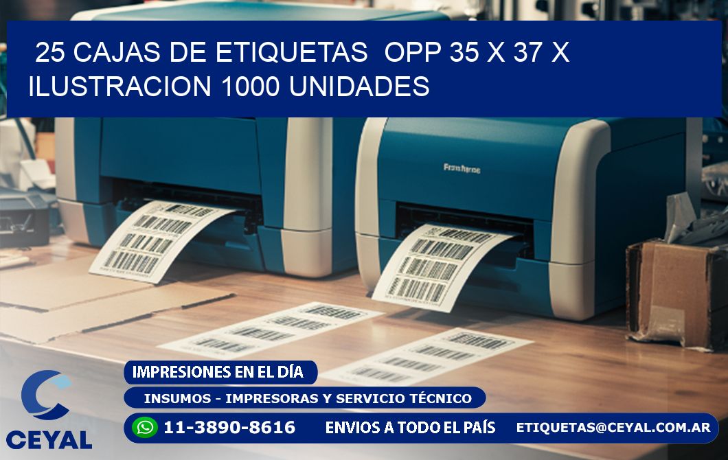 25 CAJAS DE ETIQUETAS  OPP 35 x 37 X ILUSTRACION 1000 UNIDADES