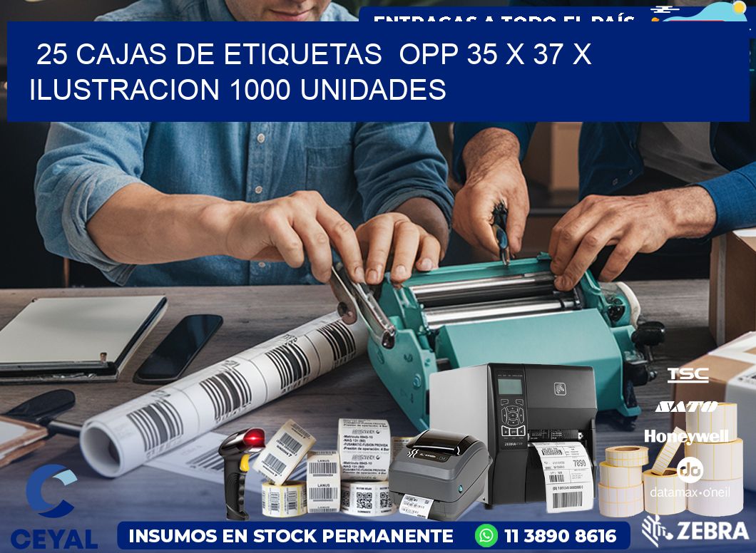 25 CAJAS DE ETIQUETAS  OPP 35 x 37 X ILUSTRACION 1000 UNIDADES