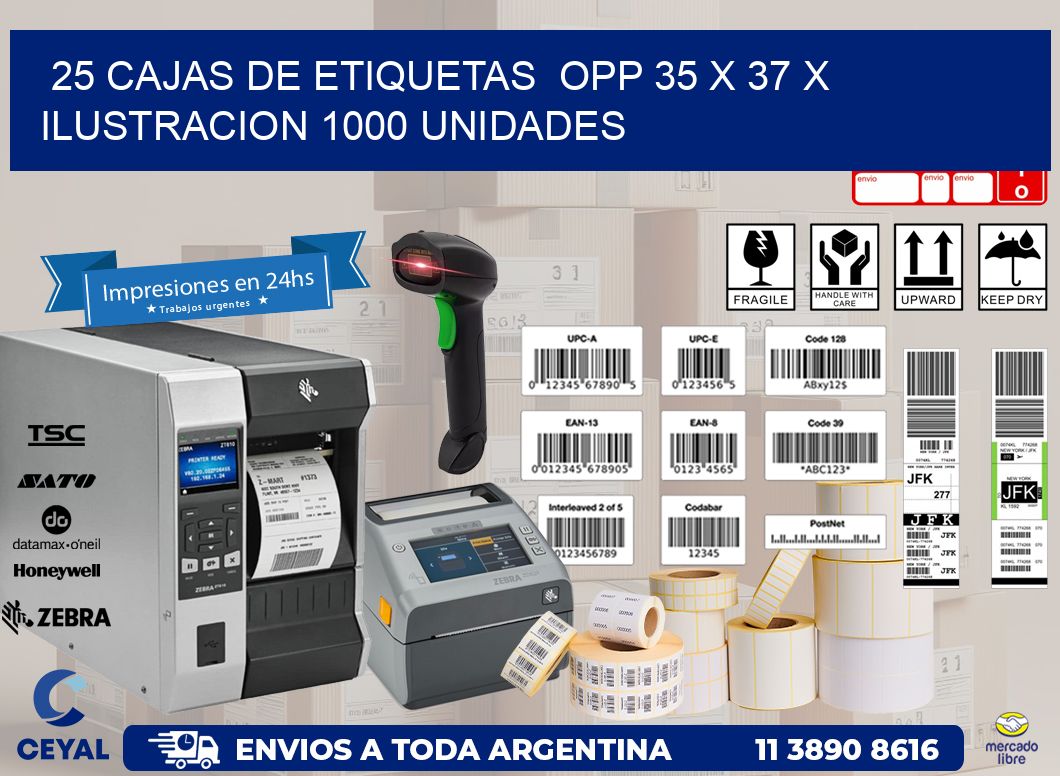 25 CAJAS DE ETIQUETAS  OPP 35 x 37 X ILUSTRACION 1000 UNIDADES