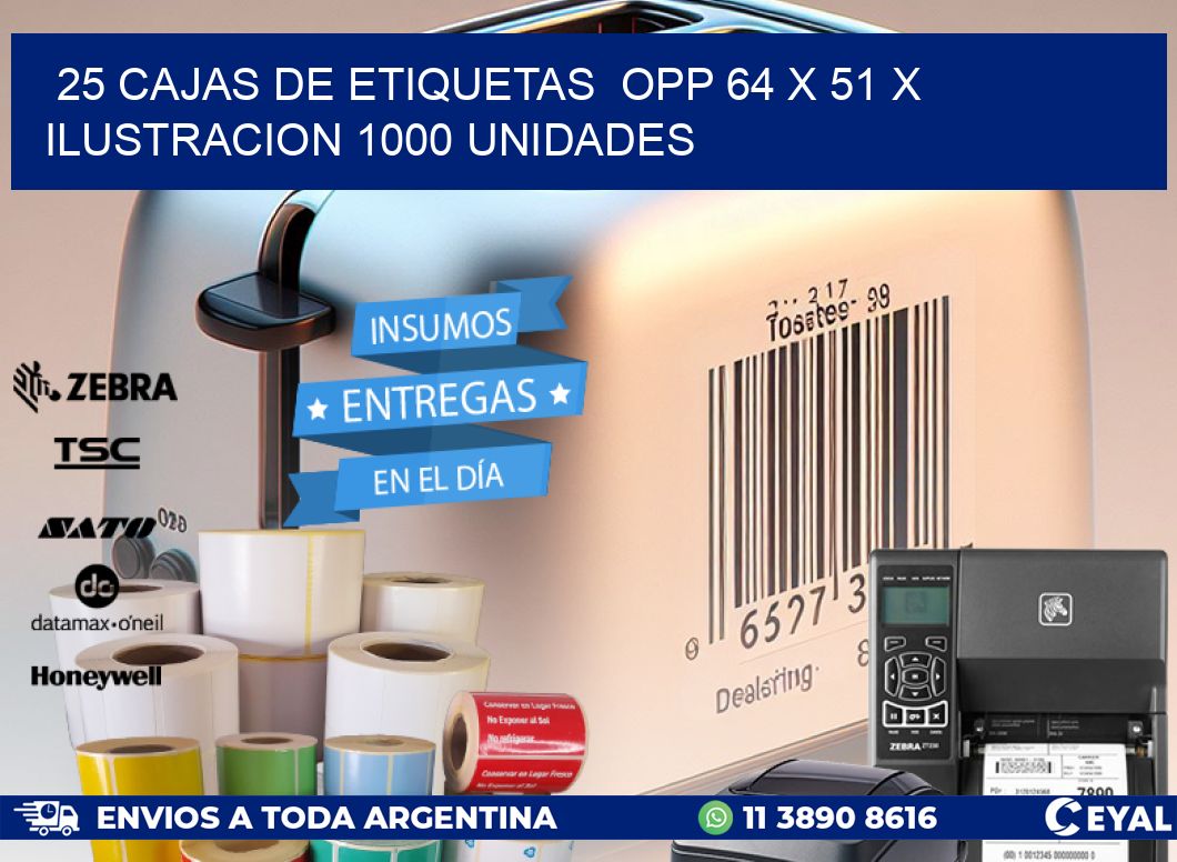 25 CAJAS DE ETIQUETAS OPP 64 x 51 X ILUSTRACION 1000 UNIDADES