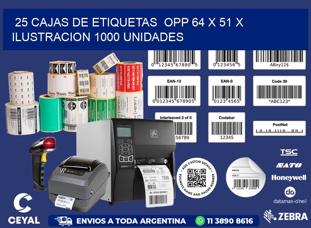 25 CAJAS DE ETIQUETAS OPP 64 x 51 X ILUSTRACION 1000 UNIDADES