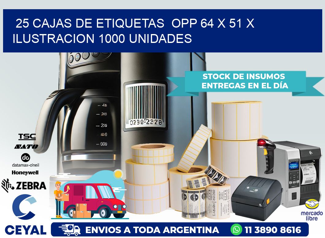 25 CAJAS DE ETIQUETAS  OPP 64 x 51 X ILUSTRACION 1000 UNIDADES