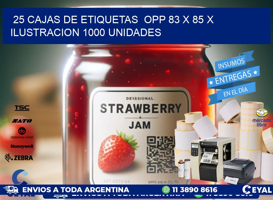 25 CAJAS DE ETIQUETAS  OPP 83 x 85 X ILUSTRACION 1000 UNIDADES