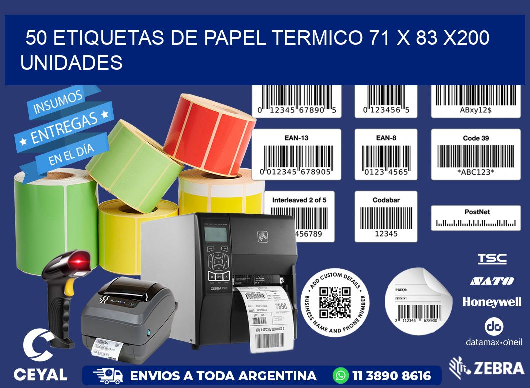 50 ETIQUETAS DE PAPEL TERMICO 71 x 83 x200 UNIDADES