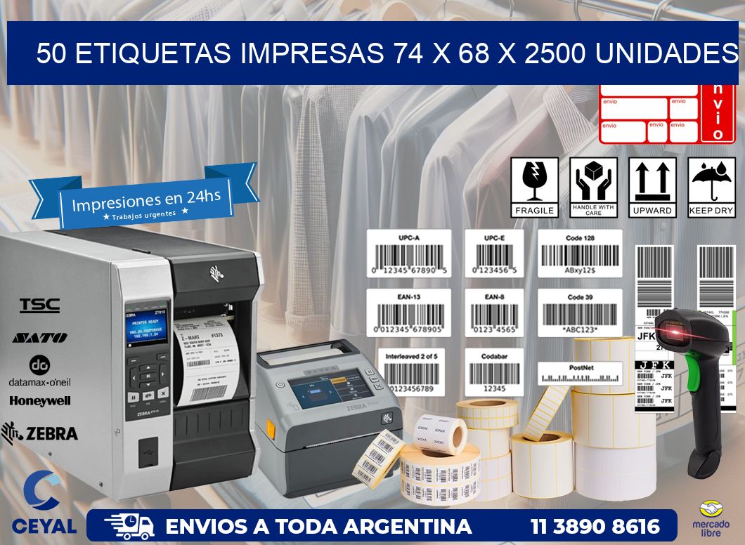 50 ETIQUETAS IMPRESAS 74 x 68 X 2500 UNIDADES