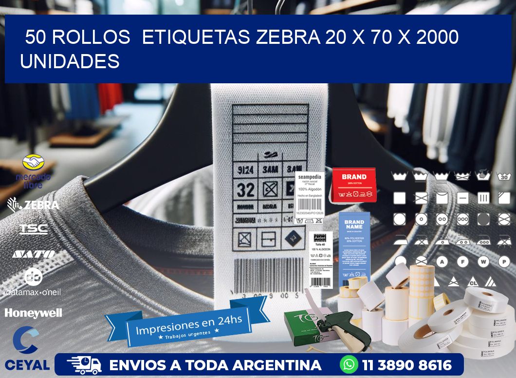 50 ROLLOS  ETIQUETAS ZEBRA 20 x 70 X 2000 UNIDADES