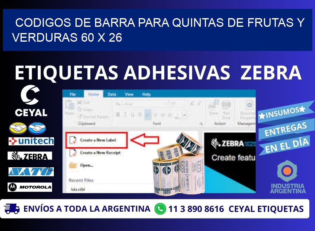 CODIGOS DE BARRA PARA QUINTAS DE FRUTAS Y VERDURAS 60 x 26