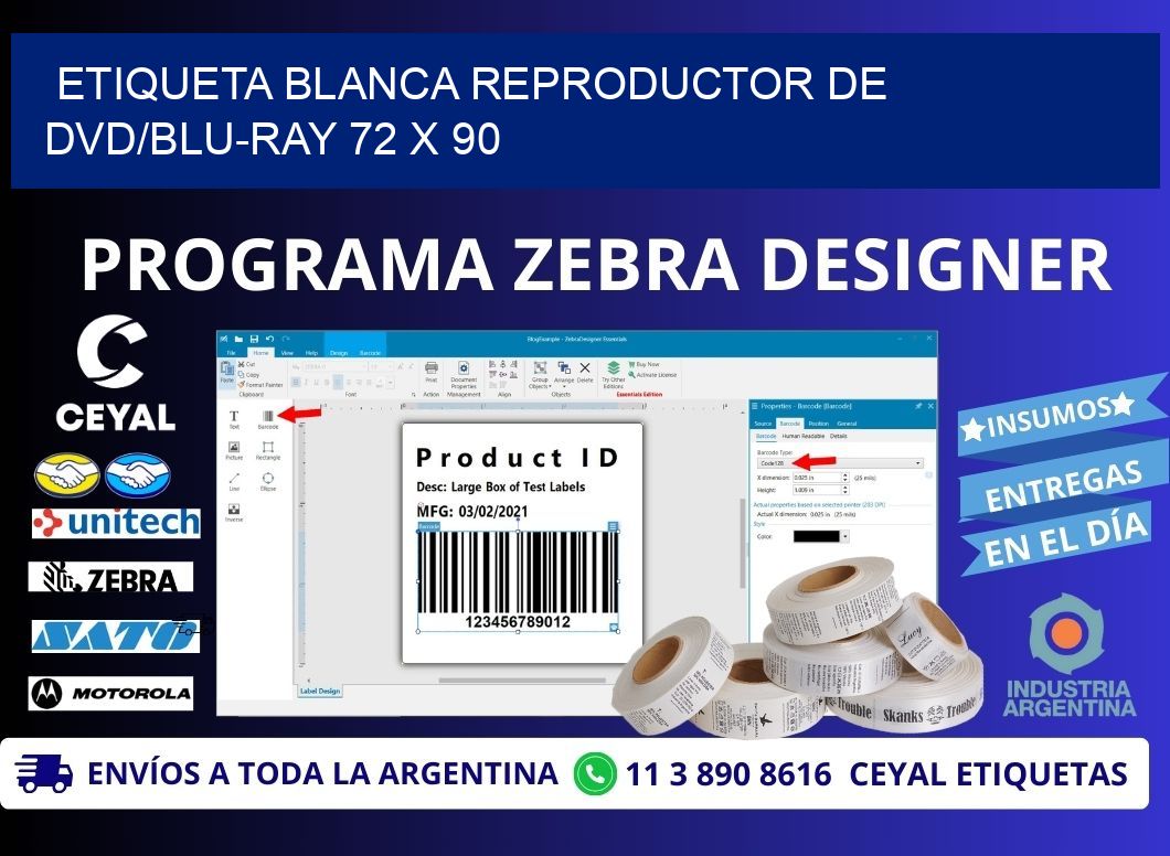 ETIQUETA BLANCA REPRODUCTOR DE DVD/BLU-RAY 72 x 90