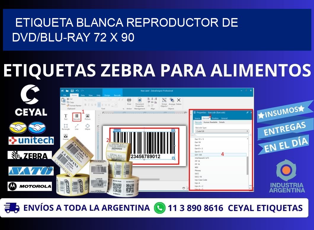 ETIQUETA BLANCA REPRODUCTOR DE DVD/BLU-RAY 72 x 90