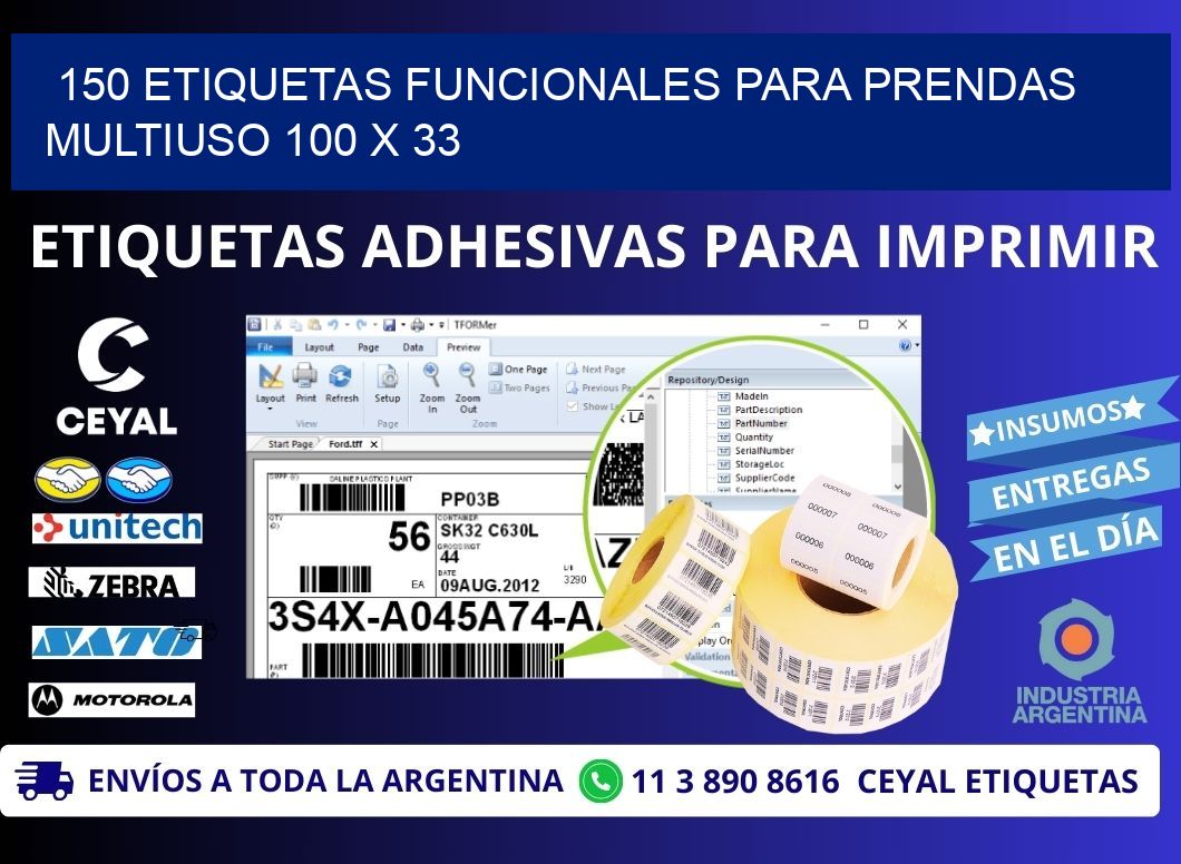 150 ETIQUETAS FUNCIONALES PARA PRENDAS MULTIUSO 100 x 33