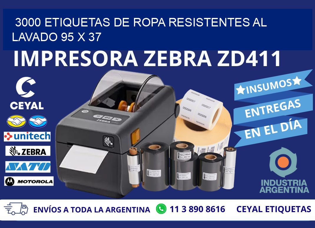 3000 ETIQUETAS DE ROPA RESISTENTES AL LAVADO 95 x 37