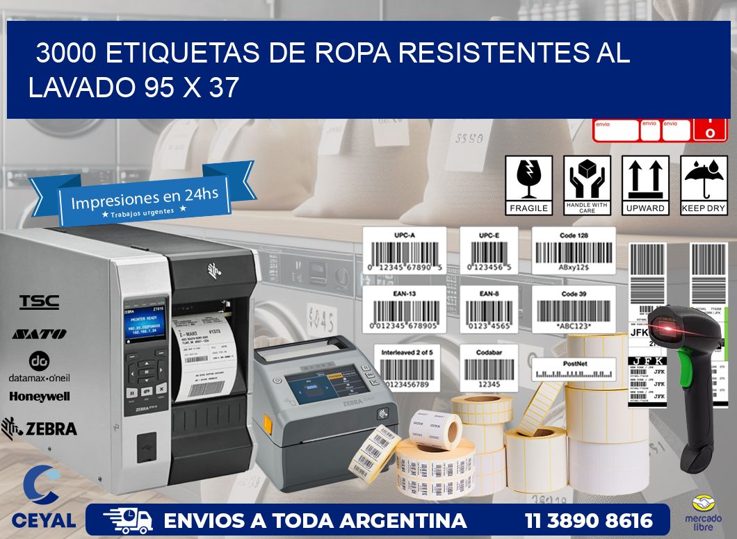 3000 ETIQUETAS DE ROPA RESISTENTES AL LAVADO 95 x 37