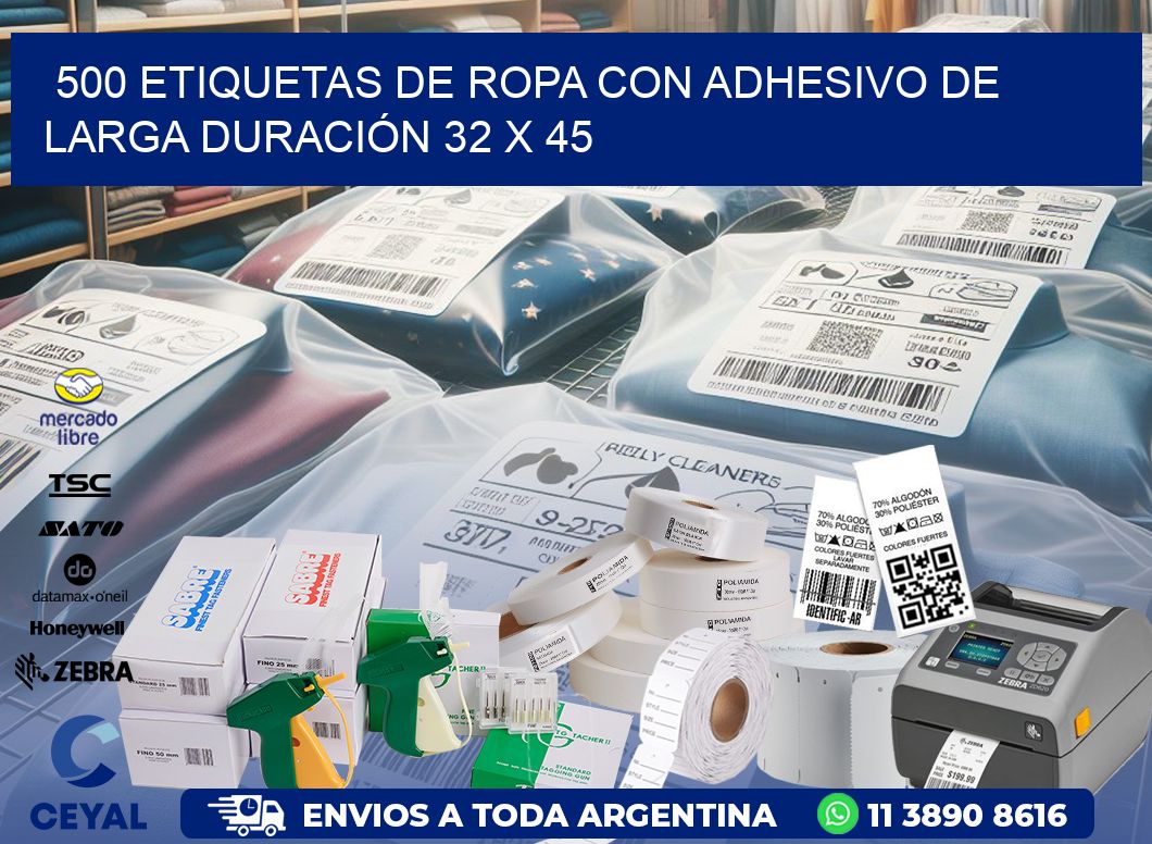 500 ETIQUETAS DE ROPA CON ADHESIVO DE LARGA DURACIÓN 32 x 45