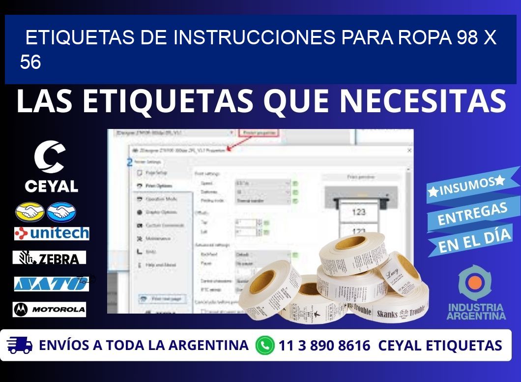ETIQUETAS DE INSTRUCCIONES PARA ROPA 98 x 56