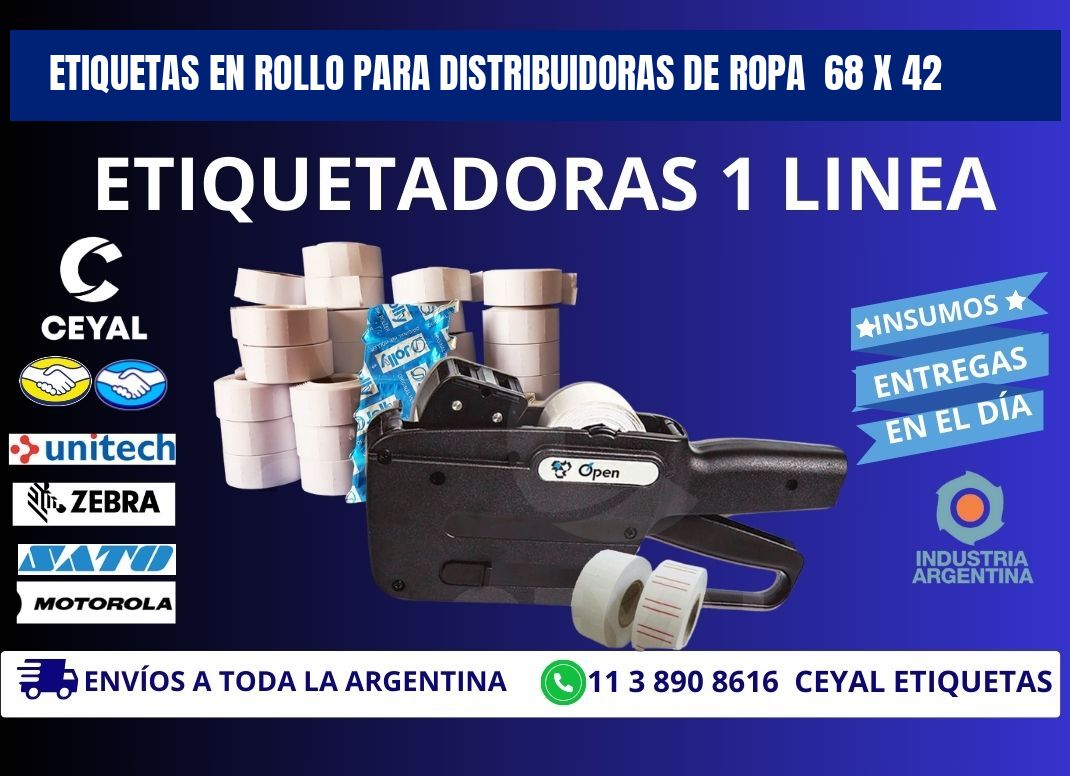 ETIQUETAS EN ROLLO PARA DISTRIBUIDORAS DE ROPA  68 x 42