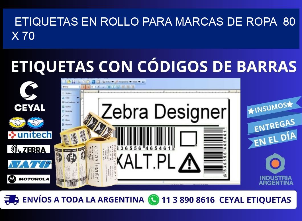 ETIQUETAS EN ROLLO PARA MARCAS DE ROPA 80 x 70