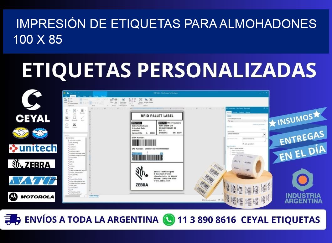 IMPRESIÓN DE ETIQUETAS PARA ALMOHADONES 100 x 85