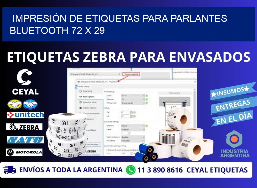 IMPRESIÓN DE ETIQUETAS PARA PARLANTES BLUETOOTH 72 x 29