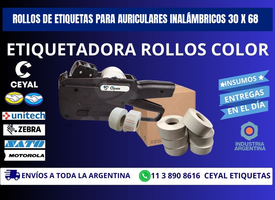 ROLLOS DE ETIQUETAS PARA AURICULARES INALÁMBRICOS 30 x 68