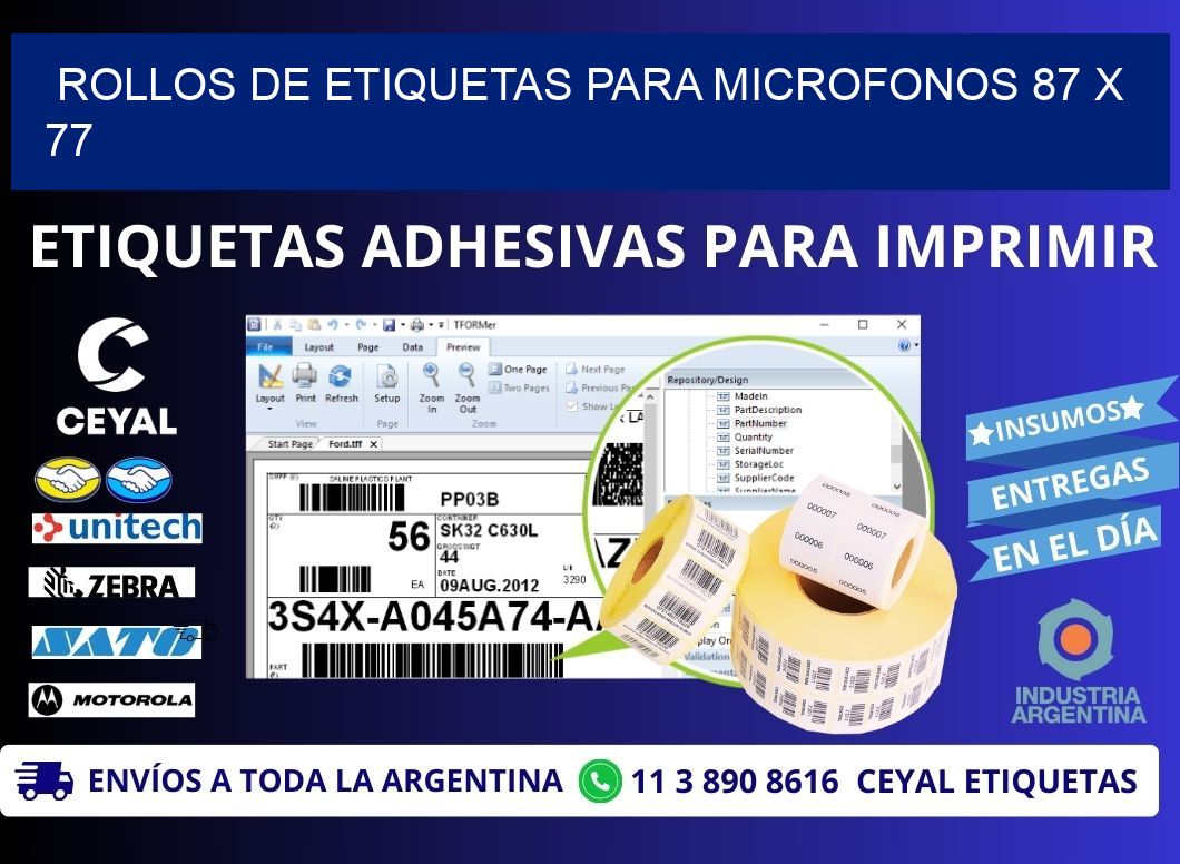 ROLLOS DE ETIQUETAS PARA MICROFONOS 87 x 77