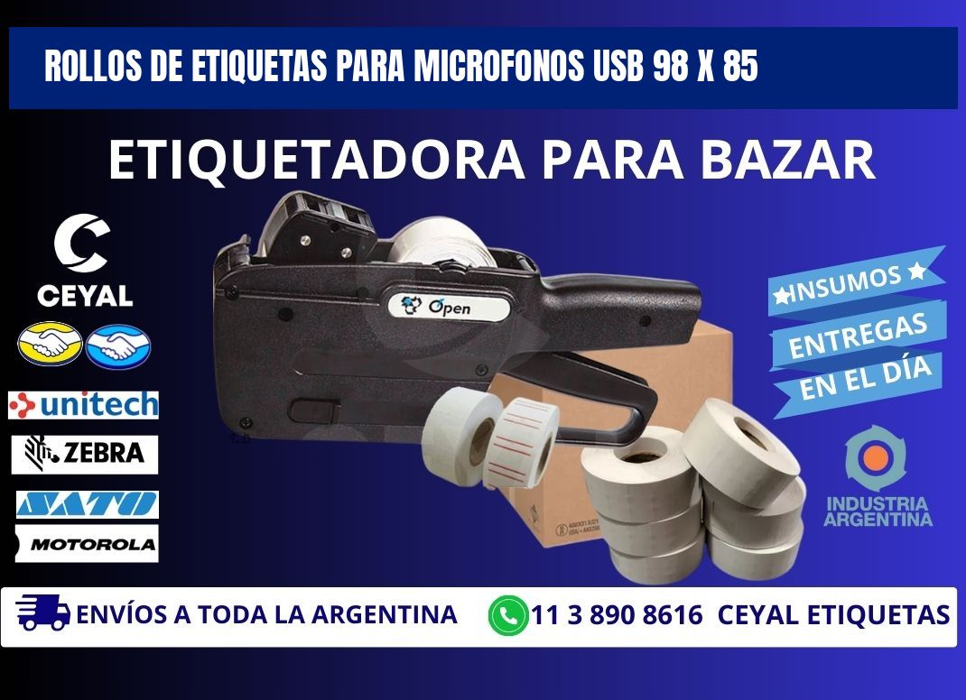ROLLOS DE ETIQUETAS PARA MICROFONOS USB 98 x 85