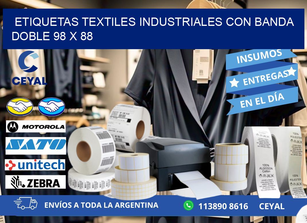 ETIQUETAS TEXTILES INDUSTRIALES CON BANDA DOBLE 98 x 88