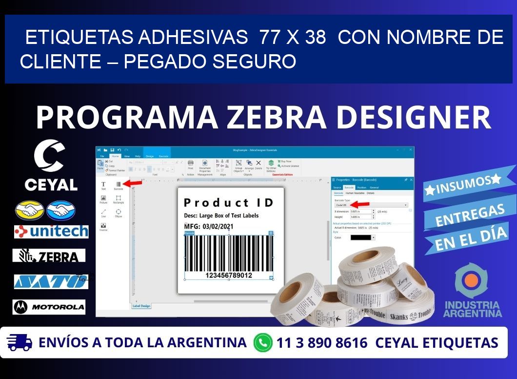 Etiquetas Adhesivas  77 x 38  con Nombre de Cliente – Pegado Seguro