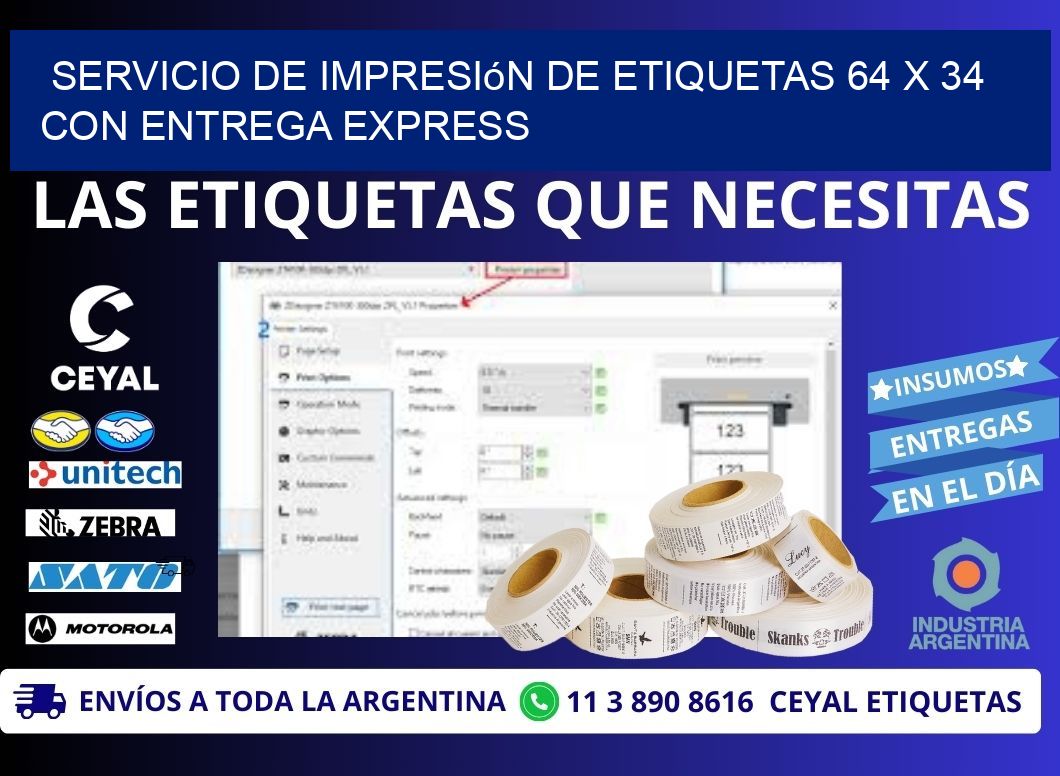 Servicio de Impresión de Etiquetas 64 x 34 con Entrega Express