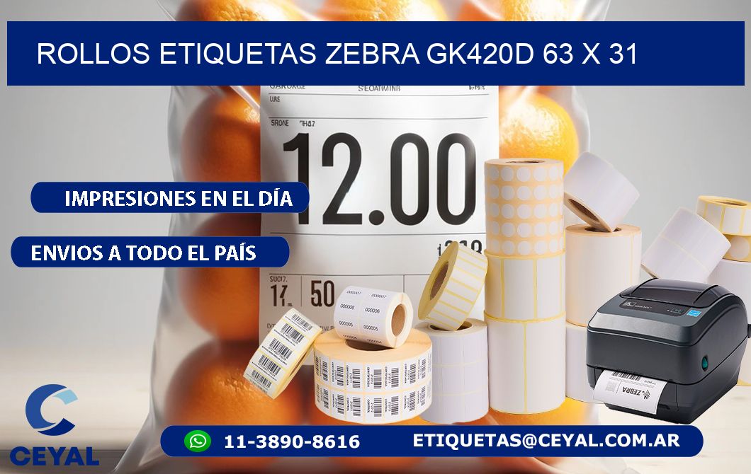 ROLLOS ETIQUETAS Zebra GK420D 63 x 31