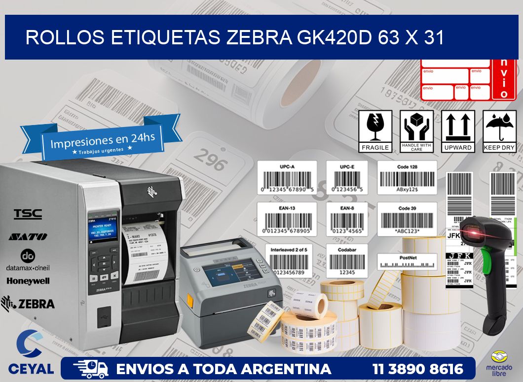ROLLOS ETIQUETAS Zebra GK420D 63 x 31