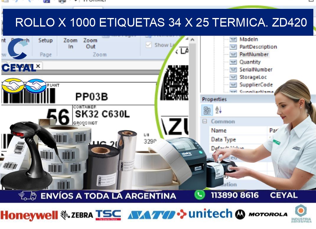 Rollo X 1000 etiquetas 34 x 25 termica. zd420