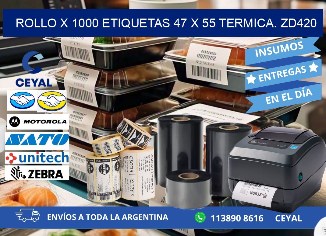 Rollo X 1000 etiquetas 47 x 55 termica. zd420