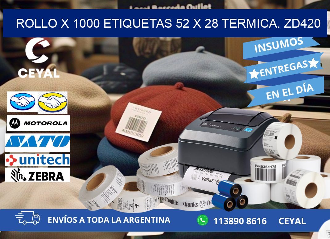 Rollo X 1000 etiquetas 52 x 28 termica. zd420