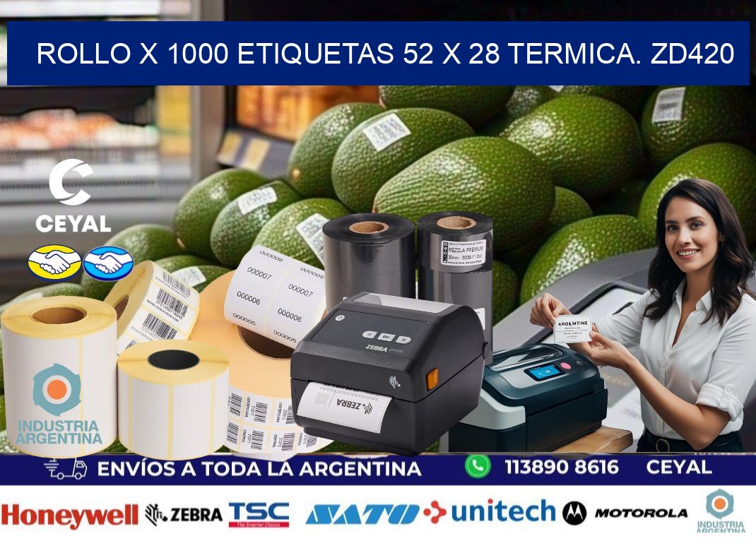 Rollo X 1000 etiquetas 52 x 28 termica. zd420