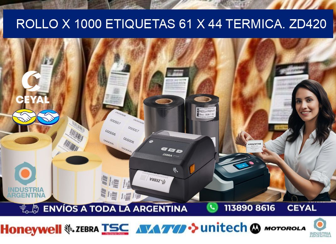 Rollo X 1000 etiquetas 61 x 44 termica. zd420